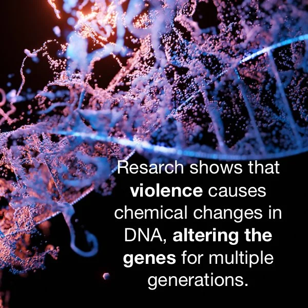 Close-up of glowing synapses or neural connections with overlaid text about research on violence causing chemical changes in DNA and gene alteration.