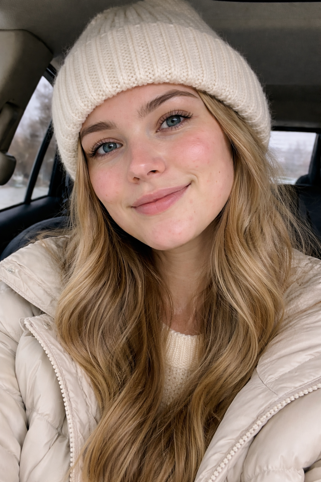 A young woman with long, wavy blonde hair, blue eyes, and a light complexion, smiling while sitting in a vehicle, wearing a cream-colored knit hat and a cream-colored puffer jacket.