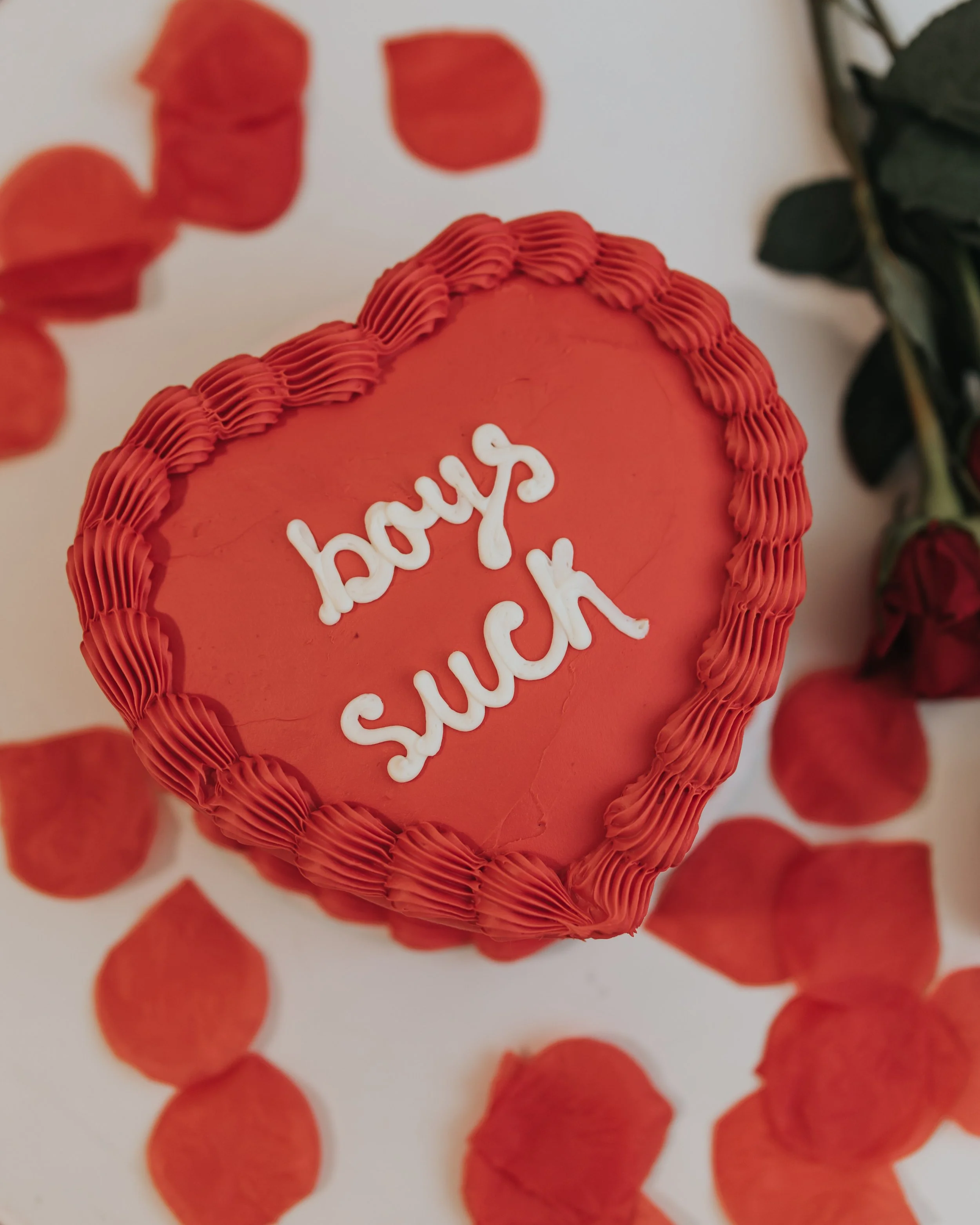  Red cake with frosting that reads “boys suck” 