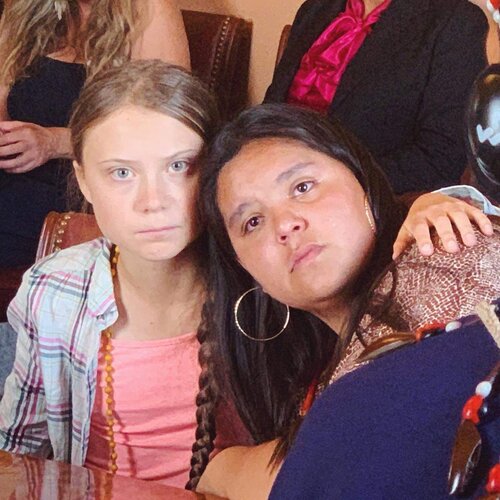 Tokata Iron Eyes with fellow climate activist Greta Thunberg. (Courtesy of Tokata Iron Eyes)