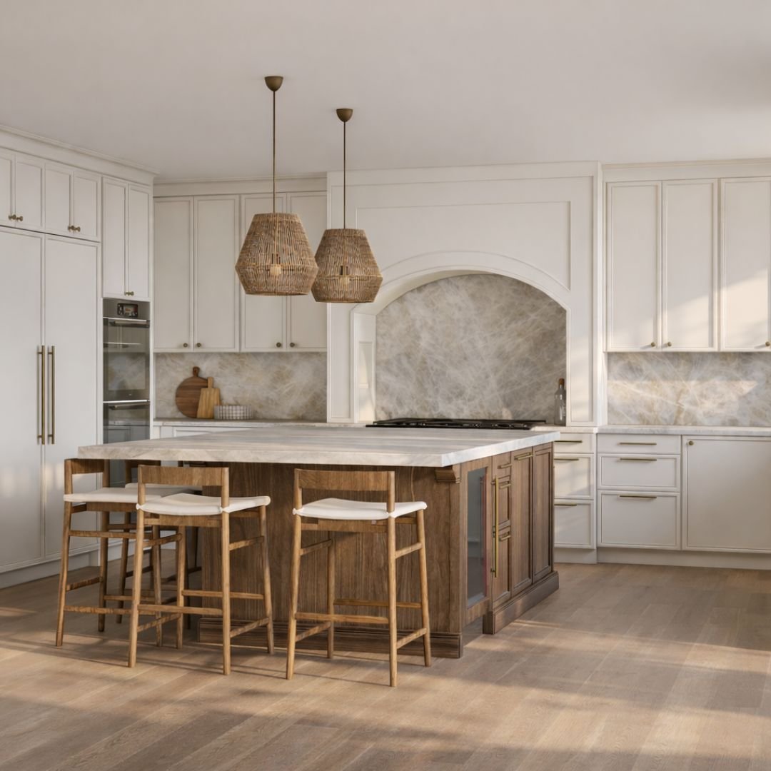 Rendering of what&rsquo;s to come.

Full home renovation in West Vancouver &mdash; construction underway, vision locked in.

Smoked oak island.
Taj Mahal quartzite.
Soft south-facing light shapes the space.

We use renderings to refine proportion, ma