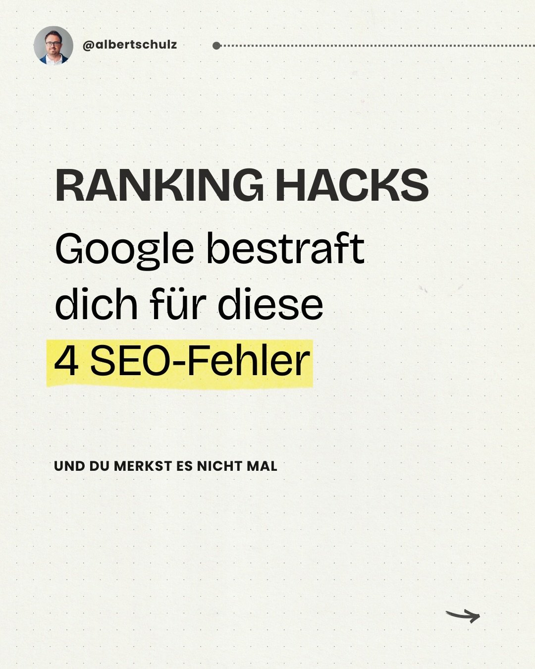 Google bestraft diese 4 #SEO Fehler &ndash; und du merkst es nicht mal.

Fehler Nr. 2 macht fast jeder. 
Fehler Nr. 3 ist brandaktuell f&uuml;r 2026.

Swipe durch &rarr; Die L&ouml;sung ist auf Slide 8.

Speicher den Post, wenn er dir geholfen hat.

