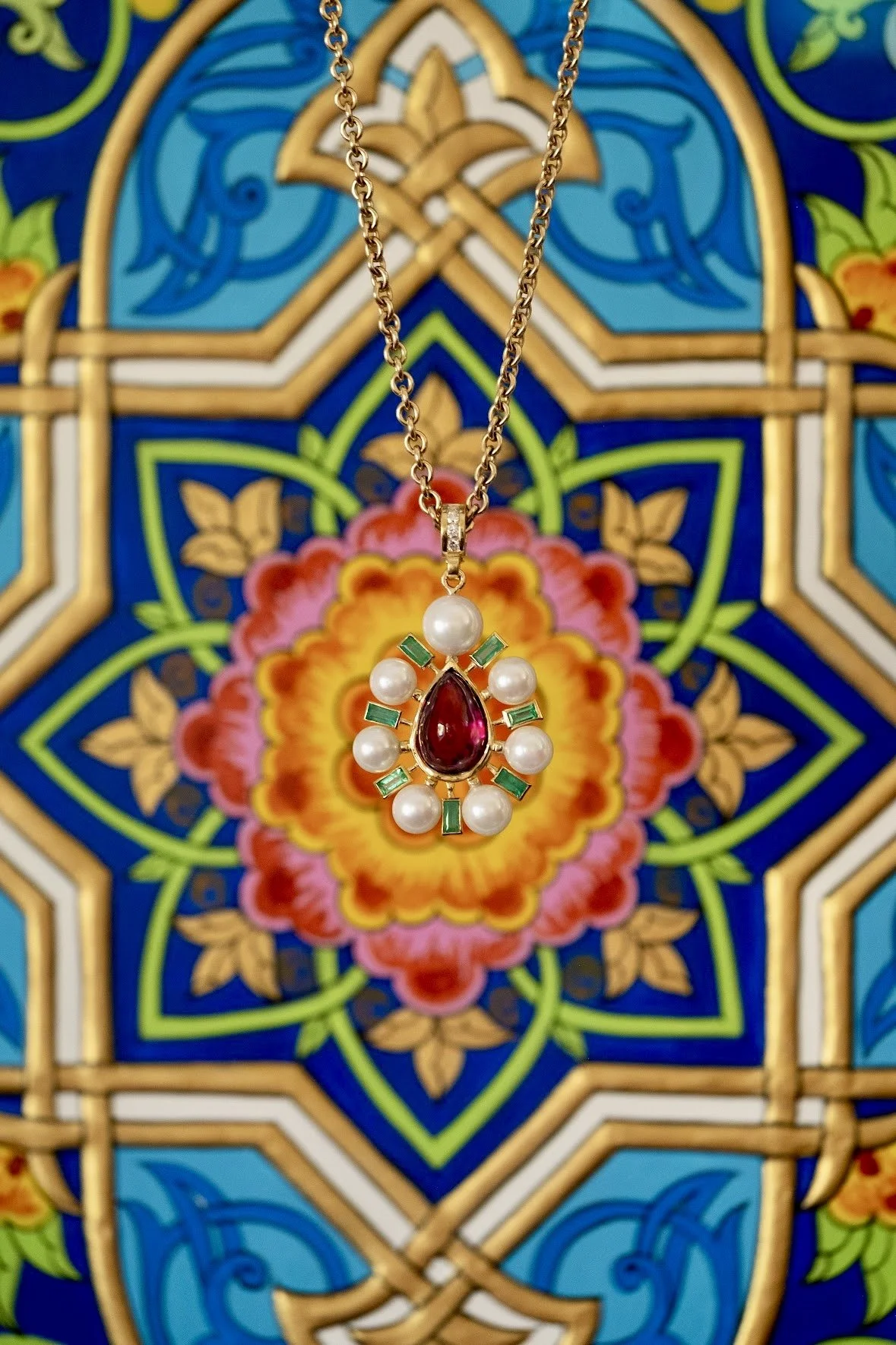 pearl rhodolite garnet emerald cosmos pendant