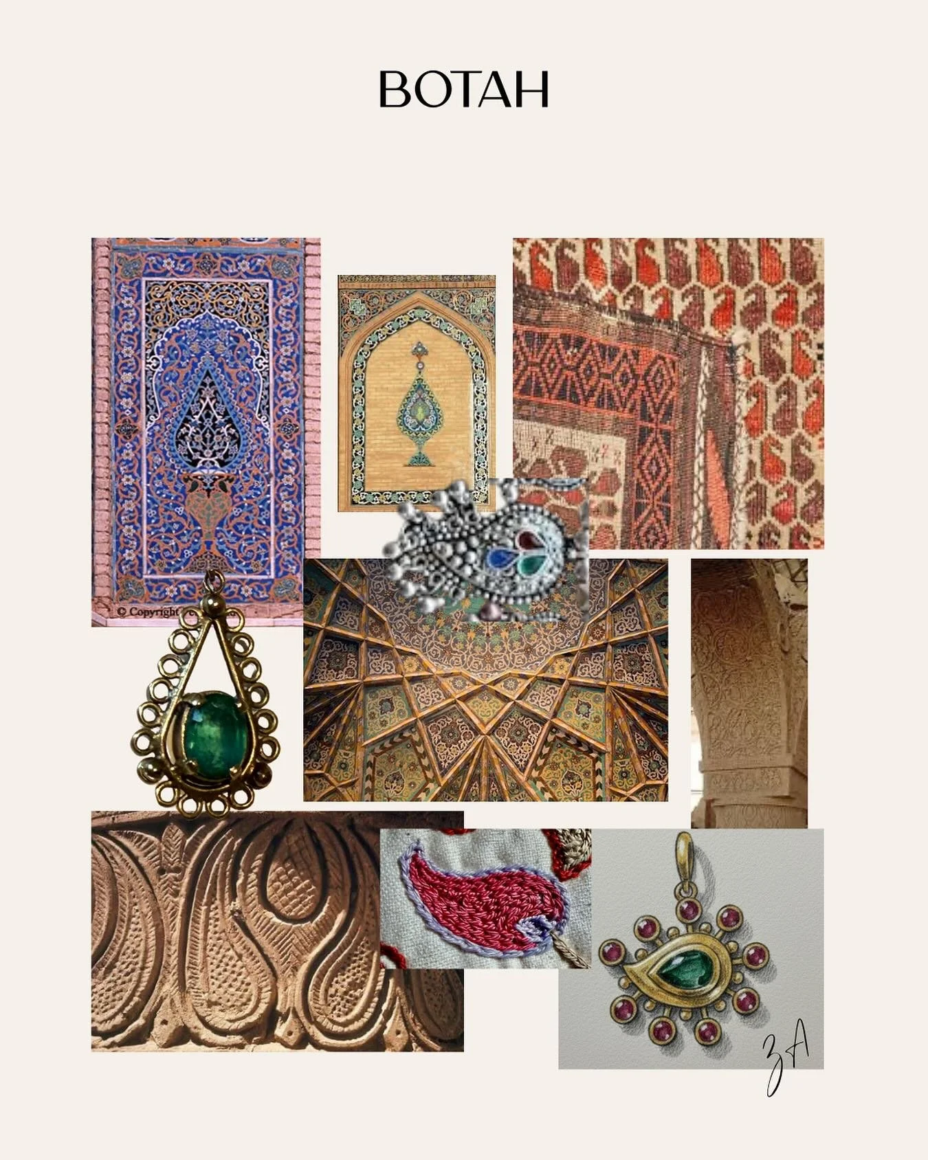 BOTAH — The ancient motif of eternal growth.
In Farsi, botah means shrub—a symbol of life springing from the earth. Found across Afghan and Central Asian architecture, textiles, carvings, and jewelry, its curved form has carried the stor