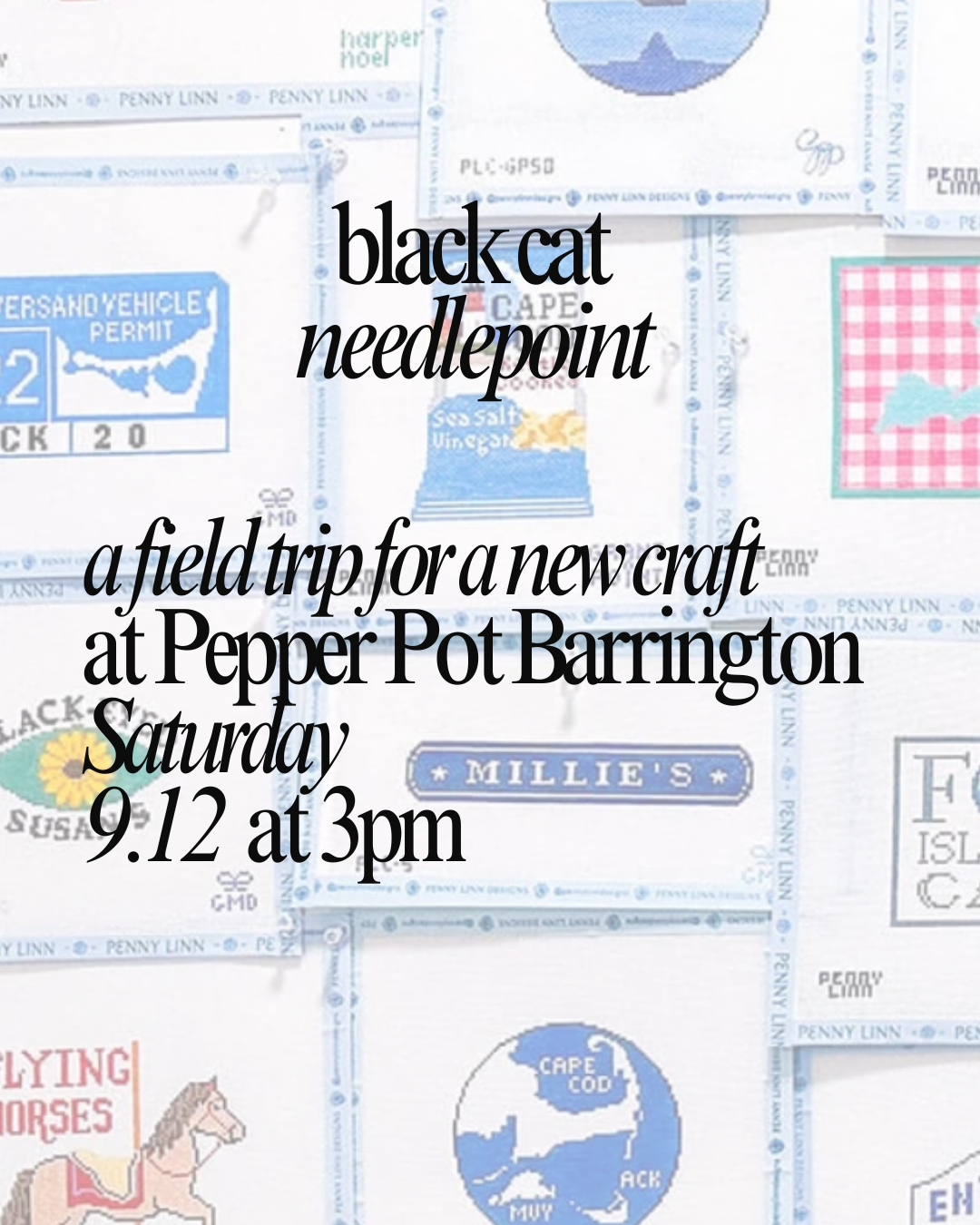 Invitation to a craft event at Pepper Pot Barrington on Saturday, September 12 at 3pm, overlaying a collage of vintage-style packaging and labels.