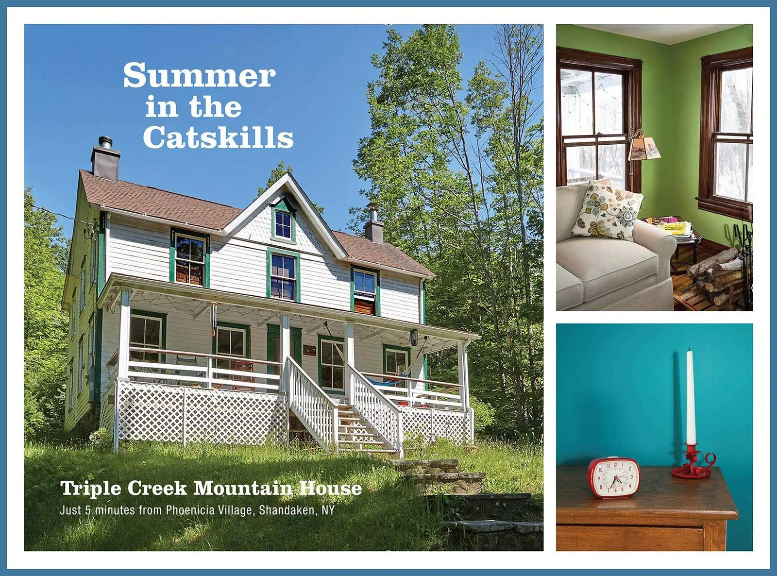A post card for a Summer Rental in the Catskills featuring a classic front-porch, 1905 farmhouse and antique furnishings.