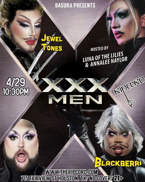 ⚡️XXX-MEN⚡️
Mutant hoez only 😜 cum join us Monday night at RIPCORD! 
@annaleenaylor is BACK as our Professor X.
Special guests:
@theblackberri and @jeweltonezz
Showtime: 10:30PM