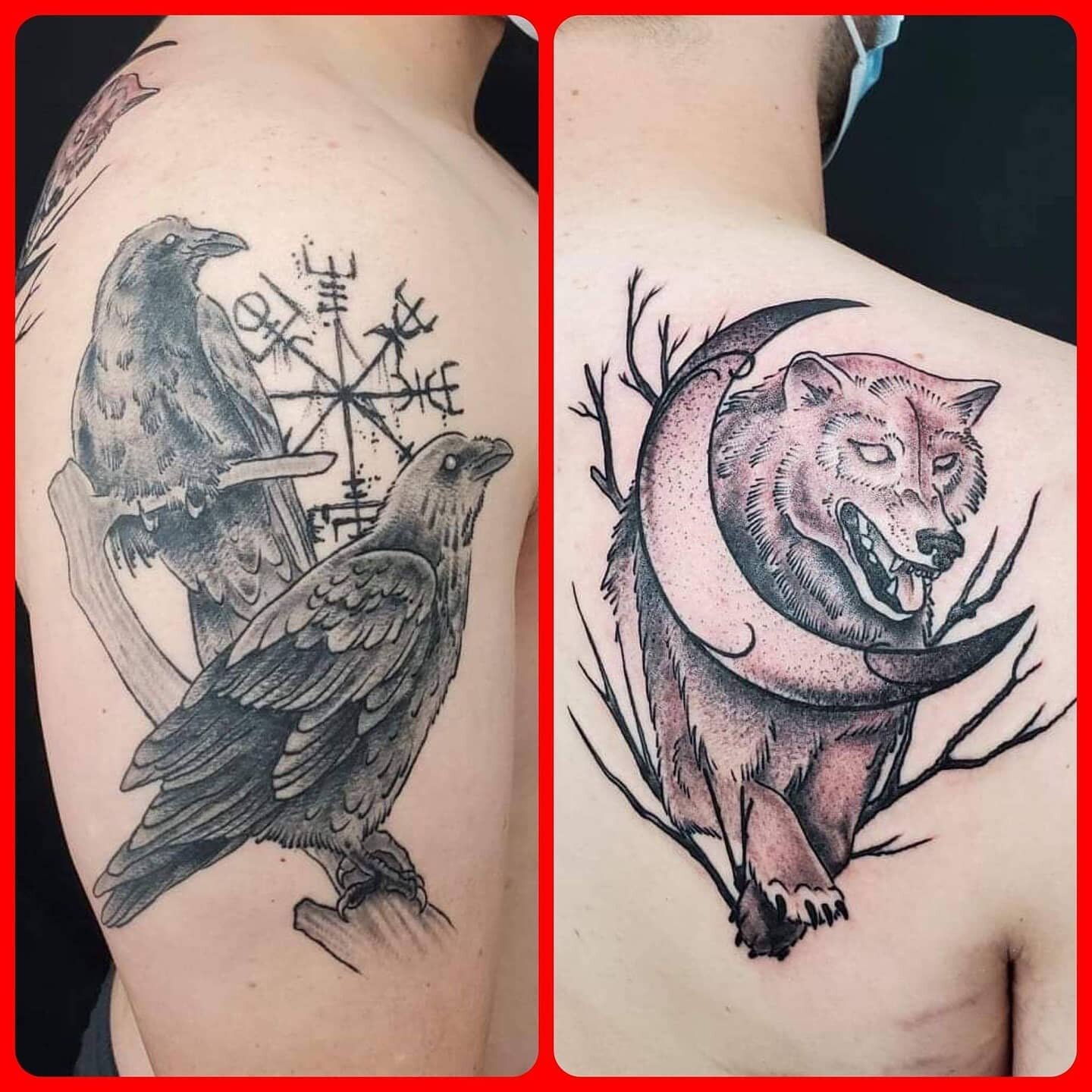 Healed ravens, fresh wolf, and more to come. Work done by @sienna_jacobsen 

#raven #raventattoo #wolf #skollandhati #odin #norse #vikingsaga #blackandgreytattoo #tattooshop #spokane #winter #snow #ragnarok #huginnandmuninn #moon #moontattoo #traditi