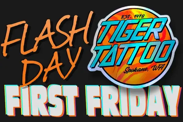 Reflective retro-style sticker design featuring bold “Tiger Tattoo” text in blue on orange background, with “Flash Day” to the side in orange text, and “First Friday” text underneath in a white text with a blue, yellow, and red vintage-inspired