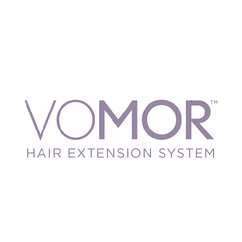 VOMOR Hair Extension System logo in purple text on a white background.