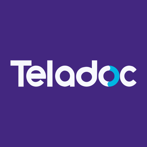Logo of Teladoc on a purple background with white and blue letters.
