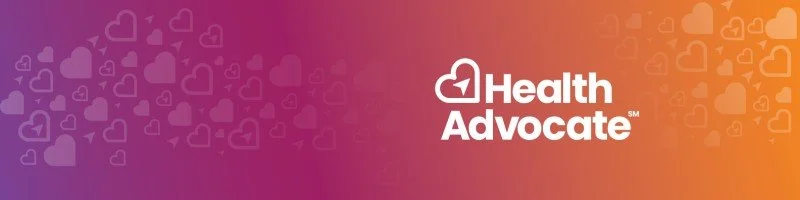 Colorful background with hearts and the text 'Health Advocate' and a heart-shaped logo.