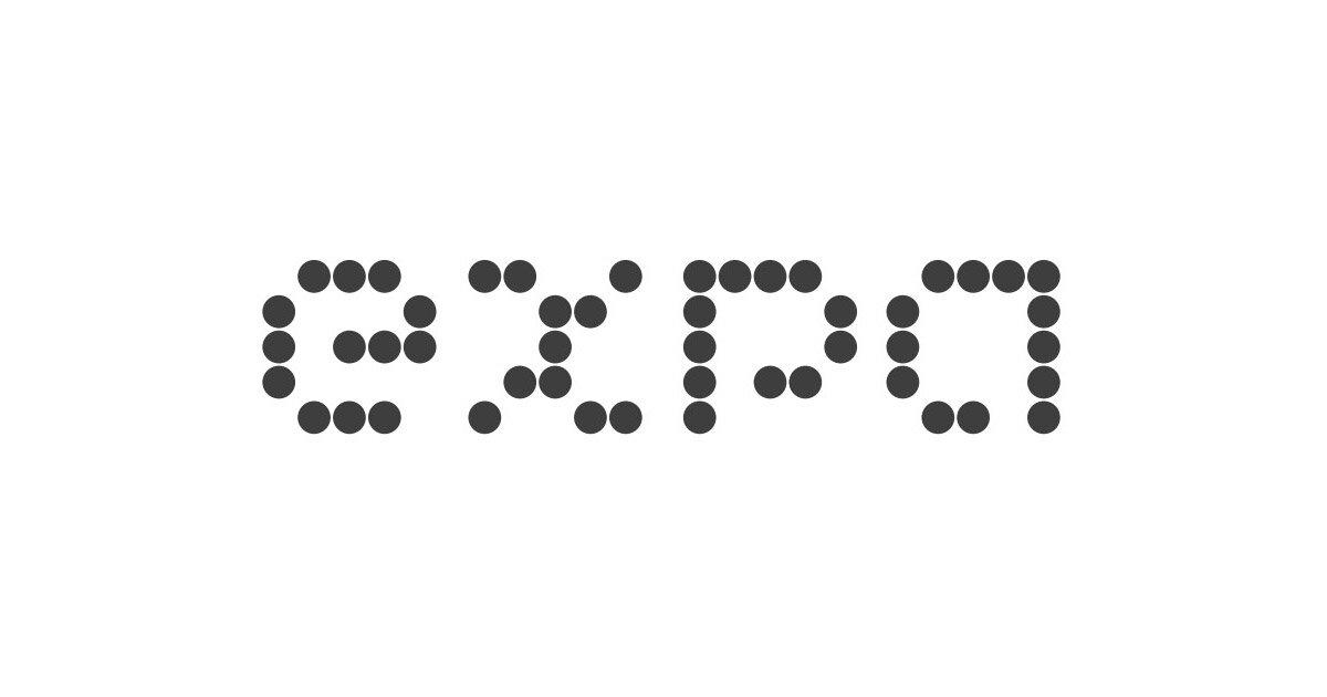 The word 'expo' written using black circle dots on a white background.