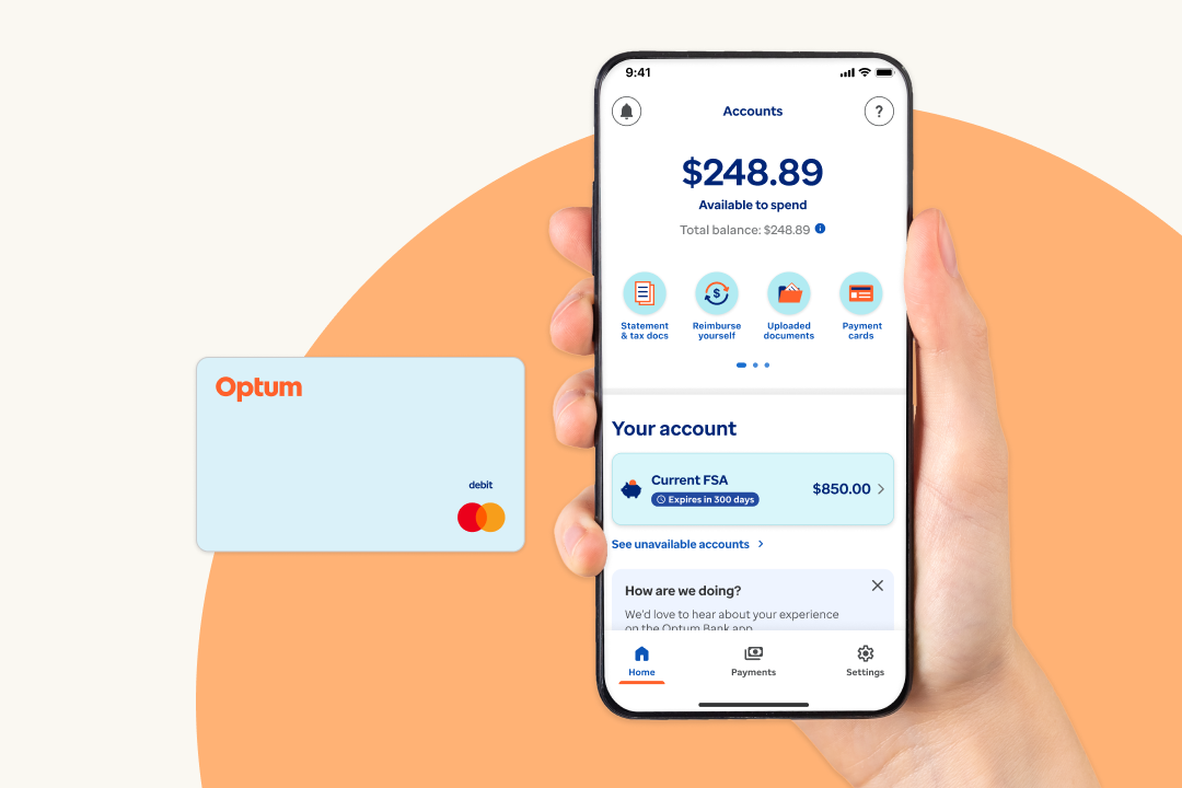 A smartphone displaying a bank app with a balance of $248.89, showing options for statement, reimbursements, uploaded documents, and payment cards. There is an Optum debit Mastercard card beside the phone. The app screen shows the account type as Current FSA with a balance of $850.00 and 300 days until expiration.