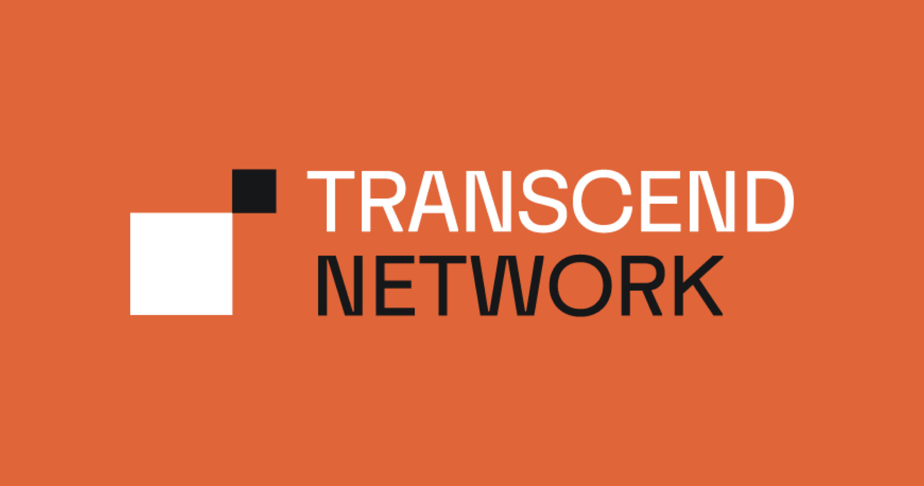 Transcend Network logo with orange background and black and white squares