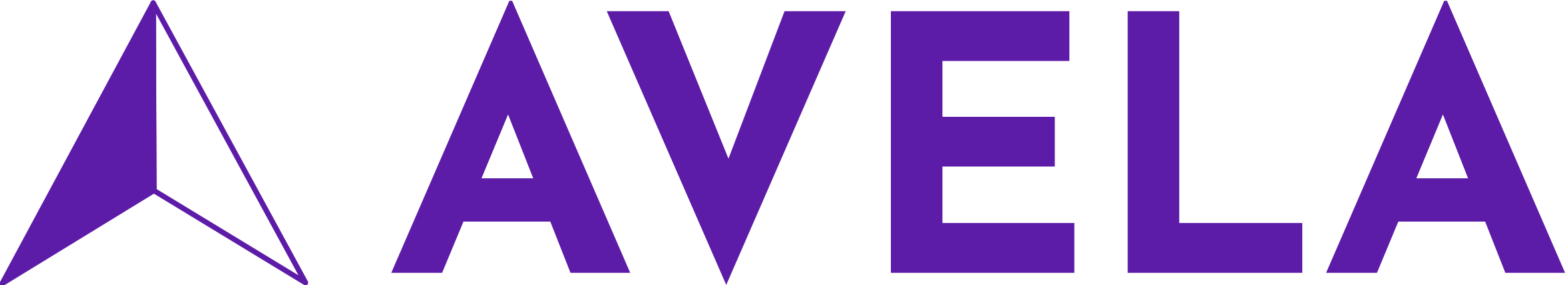 Logo with the text 'AVELA' in purple, featuring a geometric arrow design on the left.