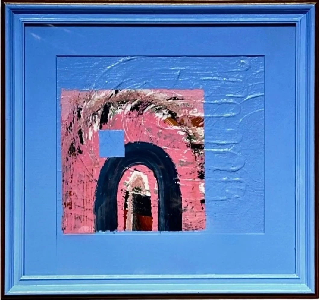 Abstract painting with a blue framed border, featuring a pink textured background with an arch and blue square design.