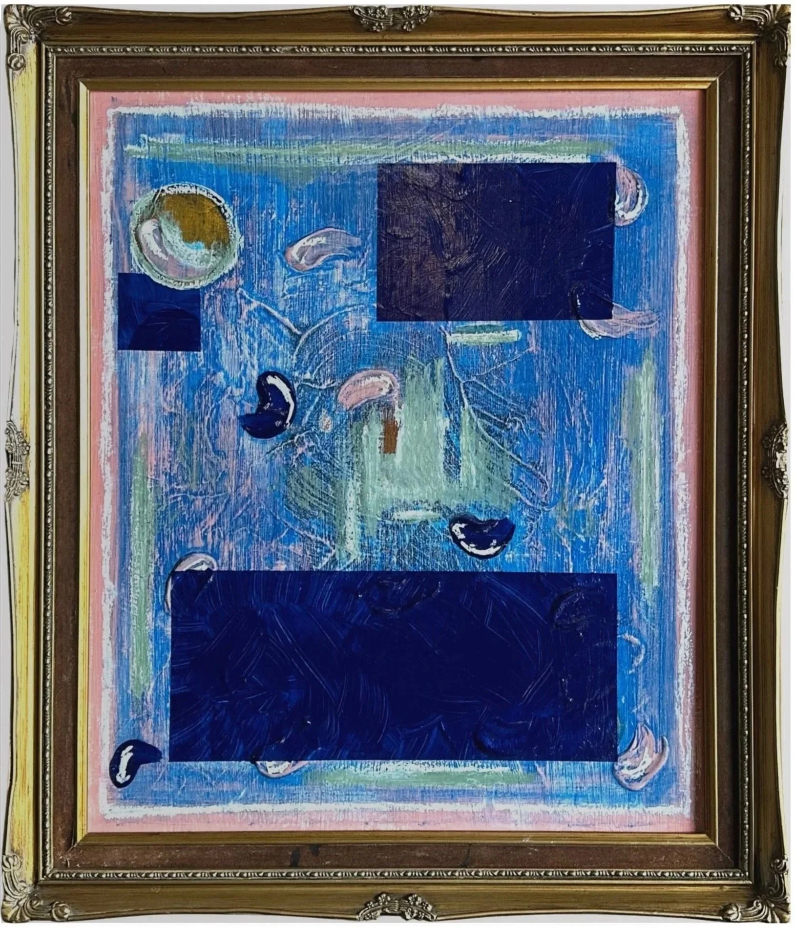 Abstract painting with blue, pink, and teal brushstrokes, featuring various geometric shapes and curved lines within an ornate frame.