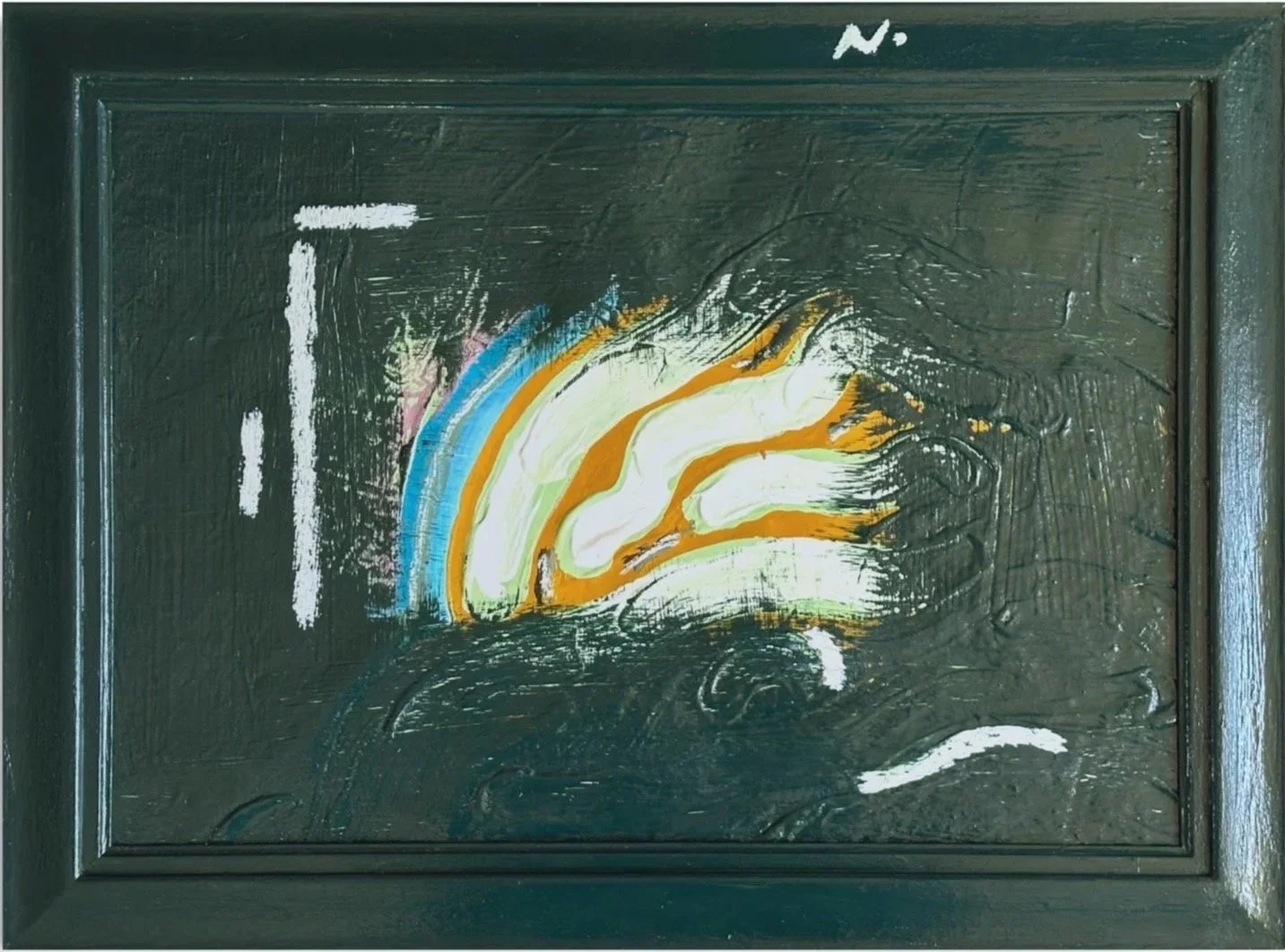 Abstract painting with colorful swirls on a dark background, framed in green wood.