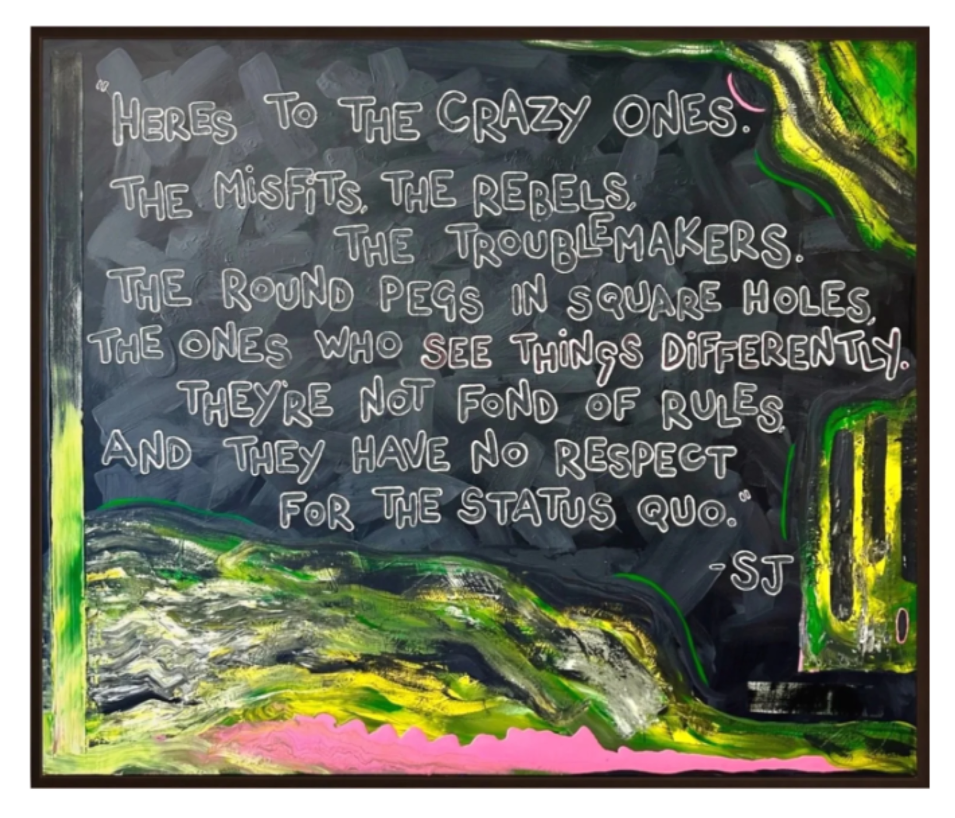 Inspirational artwork with motivational quote on a dark, abstract background.
