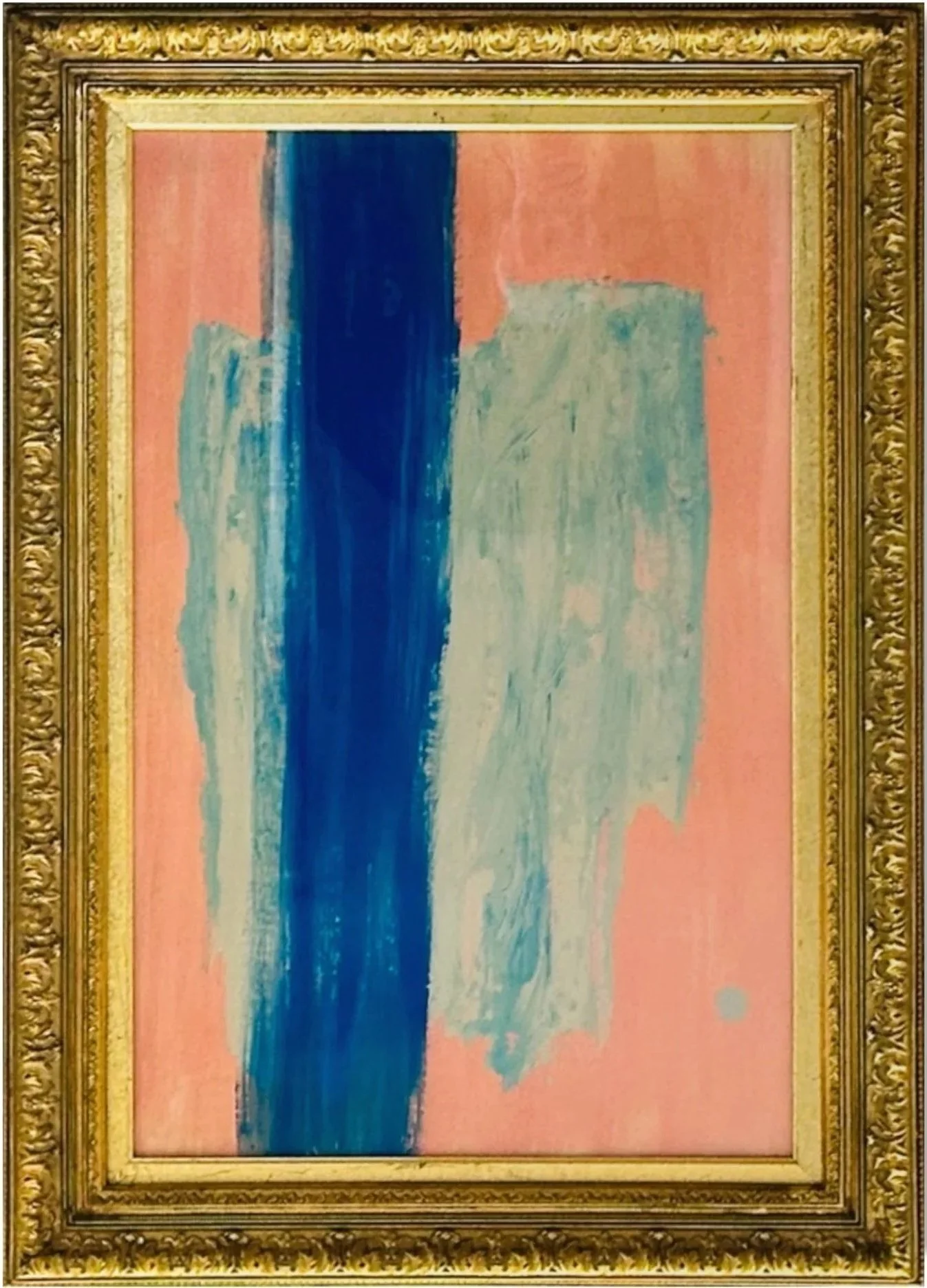 Abstract painting with a large vertical blue and gray streak on a pink background, framed in ornate gold.