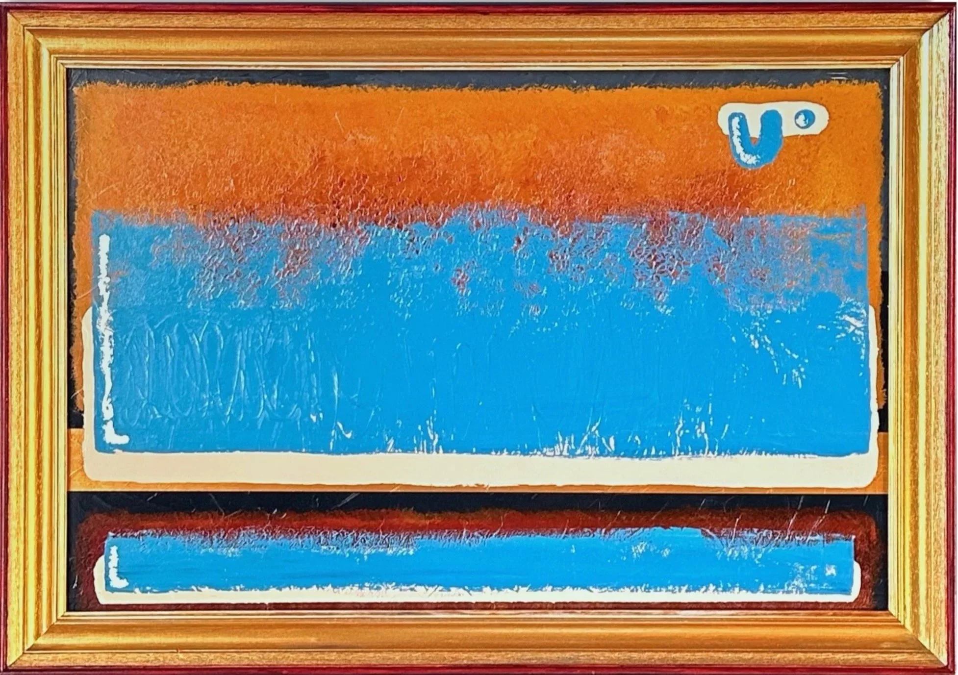 Abstract painting with blue, orange, and yellow shapes in a wooden frame