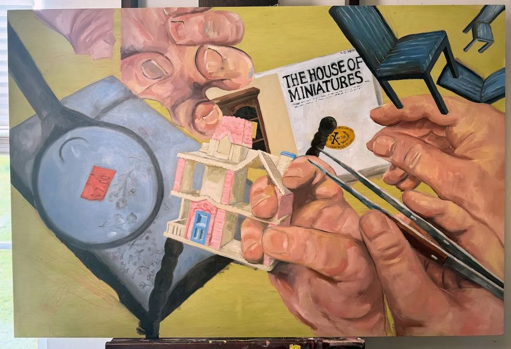 "Portrait of a Miniaturist II" (WIP), 2025, 36 x 24 inches, Oil paint on wood panel
