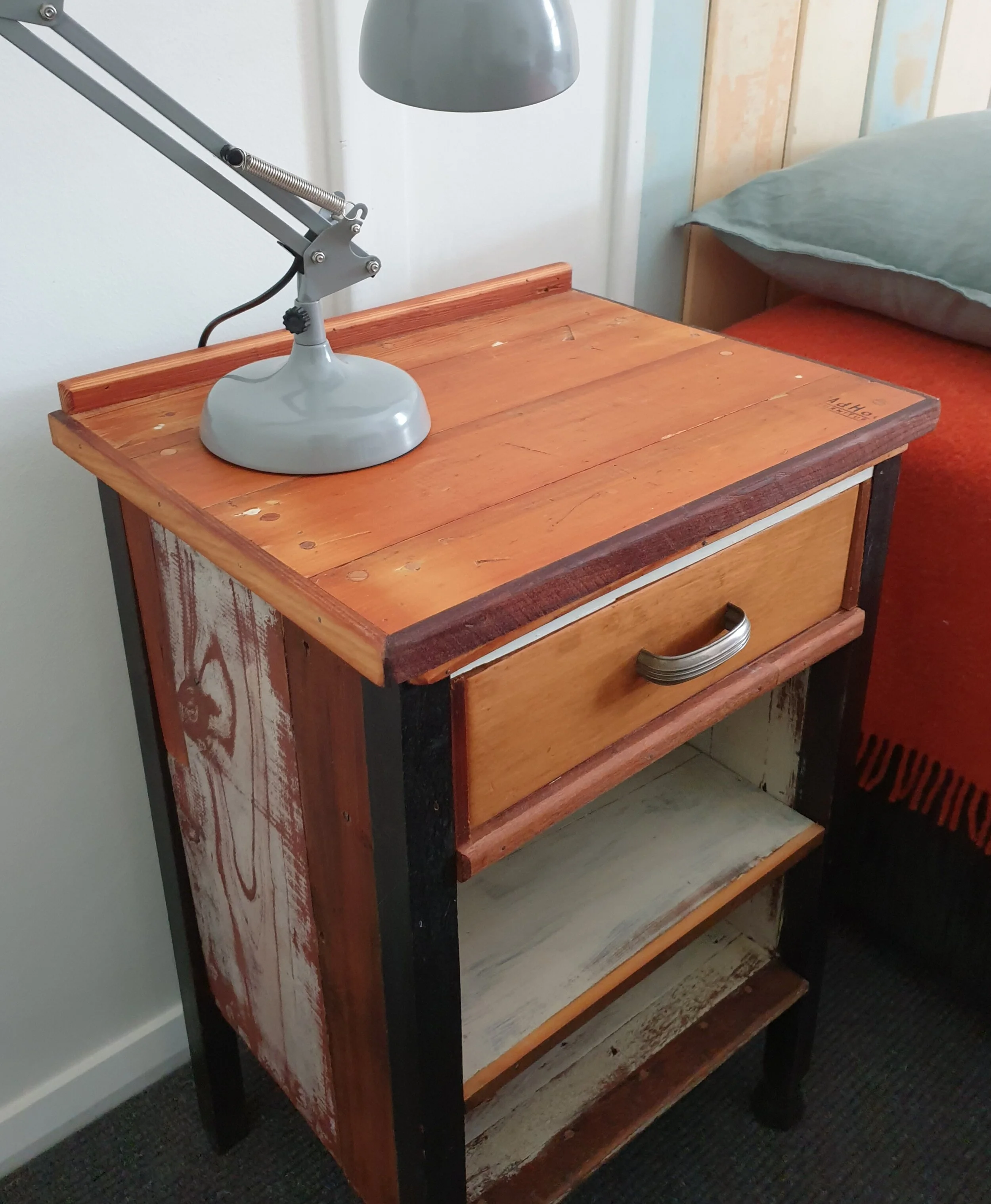 #925 bedside cupboard (one only); pine, silky oak, oregon, redwood; salvaged drawer; 460 w x 380 d x 700 h; $450