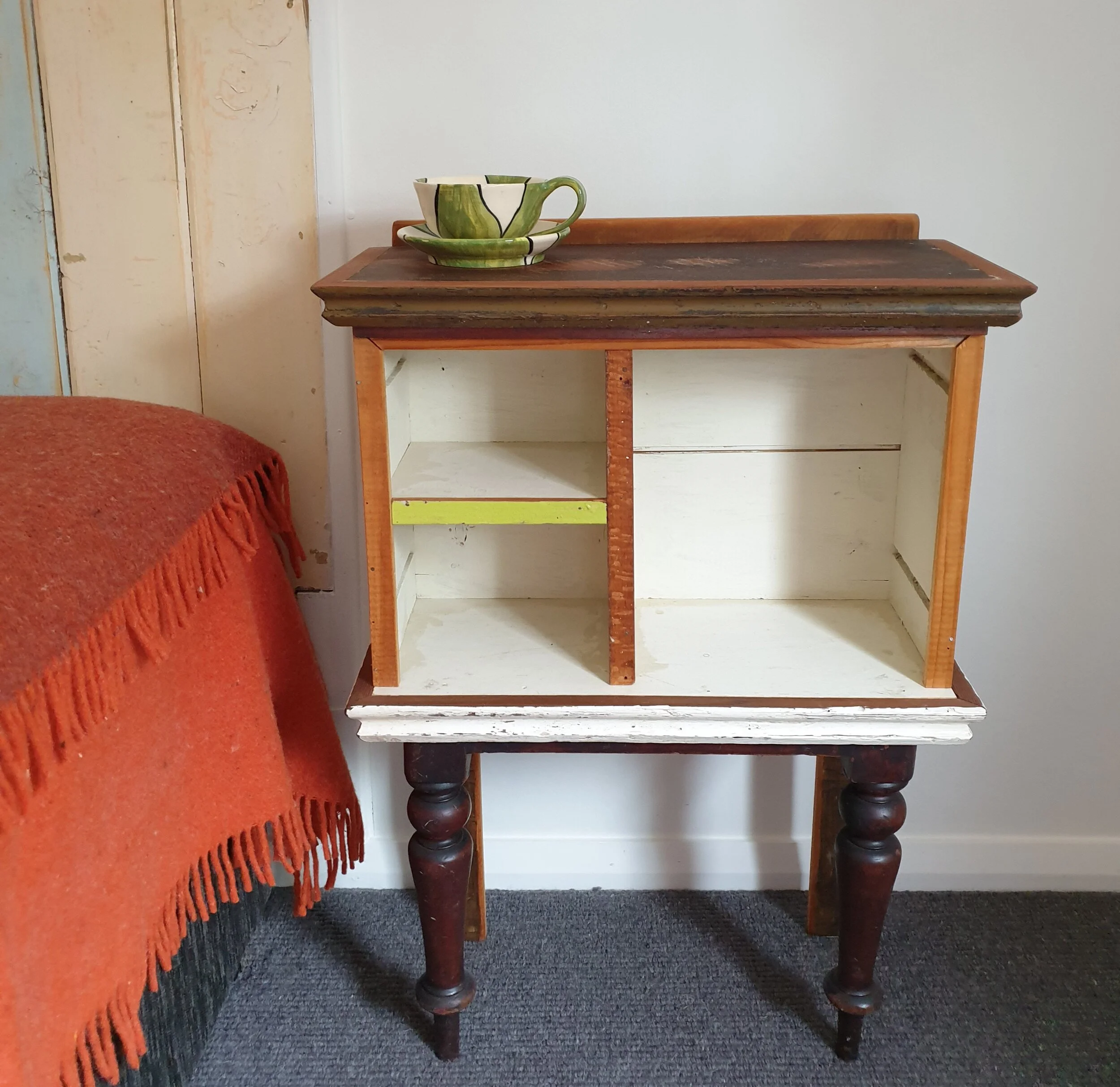 #924 bedside cupboard (one only): wine box with cedar, redwood and kauri; cedar turned chair legs; 550 h x 800 w x 260 d; $450