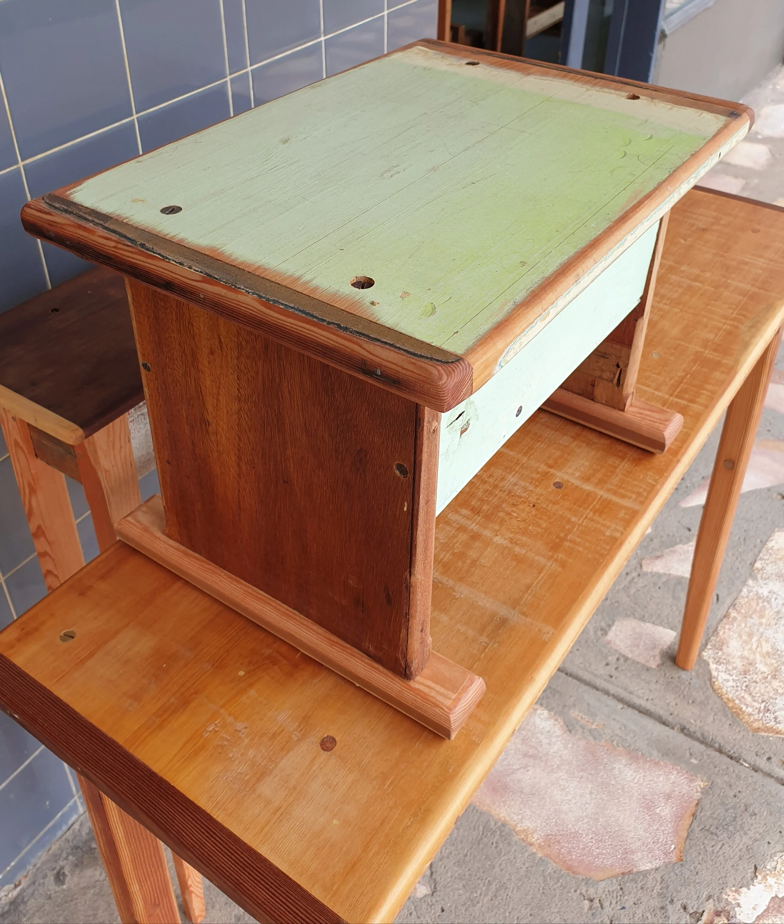 #931 green-topped side table or stool; cypress, maple and oregon; 400 w x 300 d x 320 h; $160
