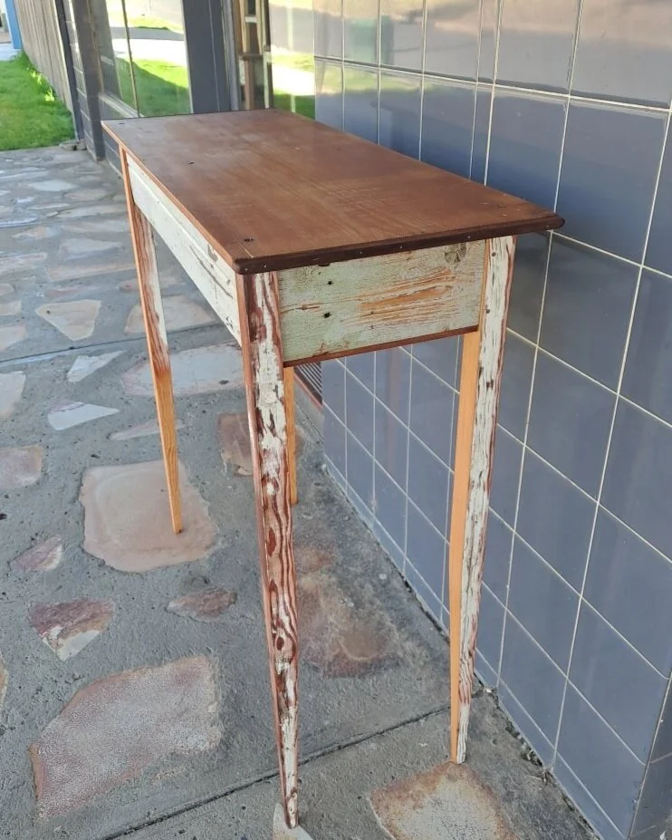 #956 hall table; A-grade pine top made from the side of an old chest of drawers, with a redwood strip edge; white skirts from kauri pine ceiling boards; fine-grained oregon legs; 900 h x 900 l x 345 w; $850