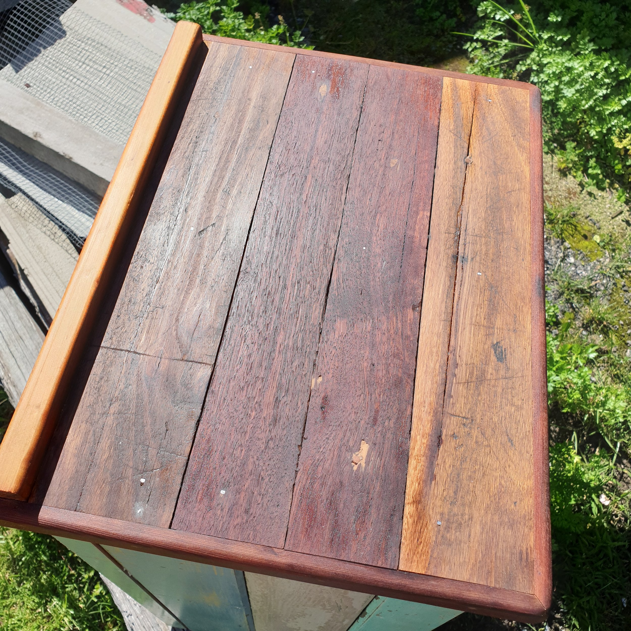 #958 Bobbie's top: recycled hardwood floorboards