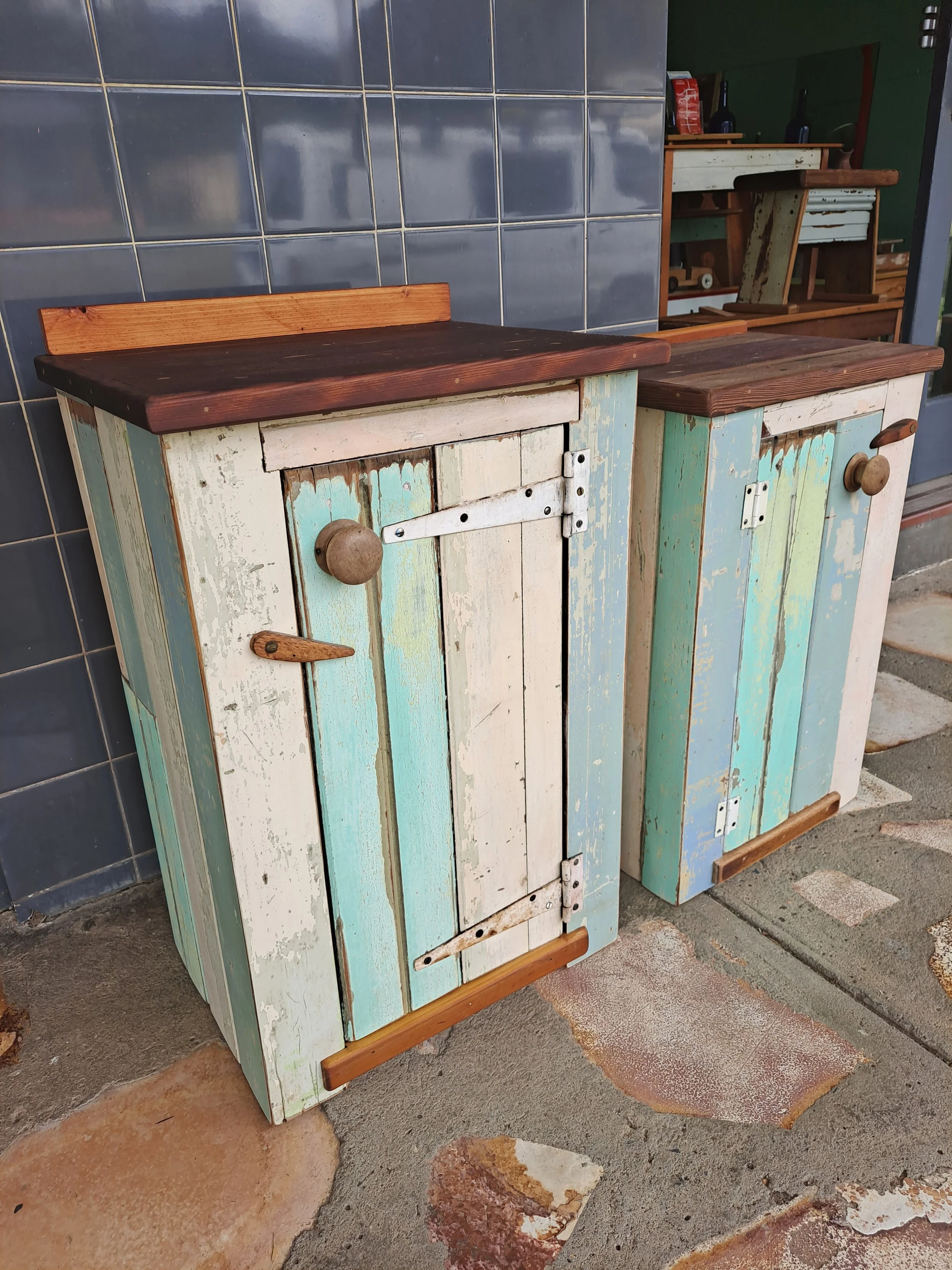 #959 'Arthur' (Bobbie's companion), painted lining boards and top made from hardwood floorboards; 490 w x 385 d x 735 h; $450