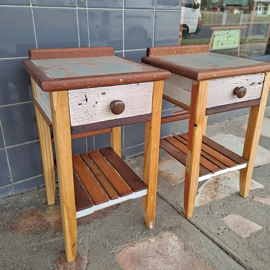 #952 Rudi and Trudi bedside companions with drawer; English oak, silky oak, oregon, pine; 400 x 400 x 600 high; $800 (pair)