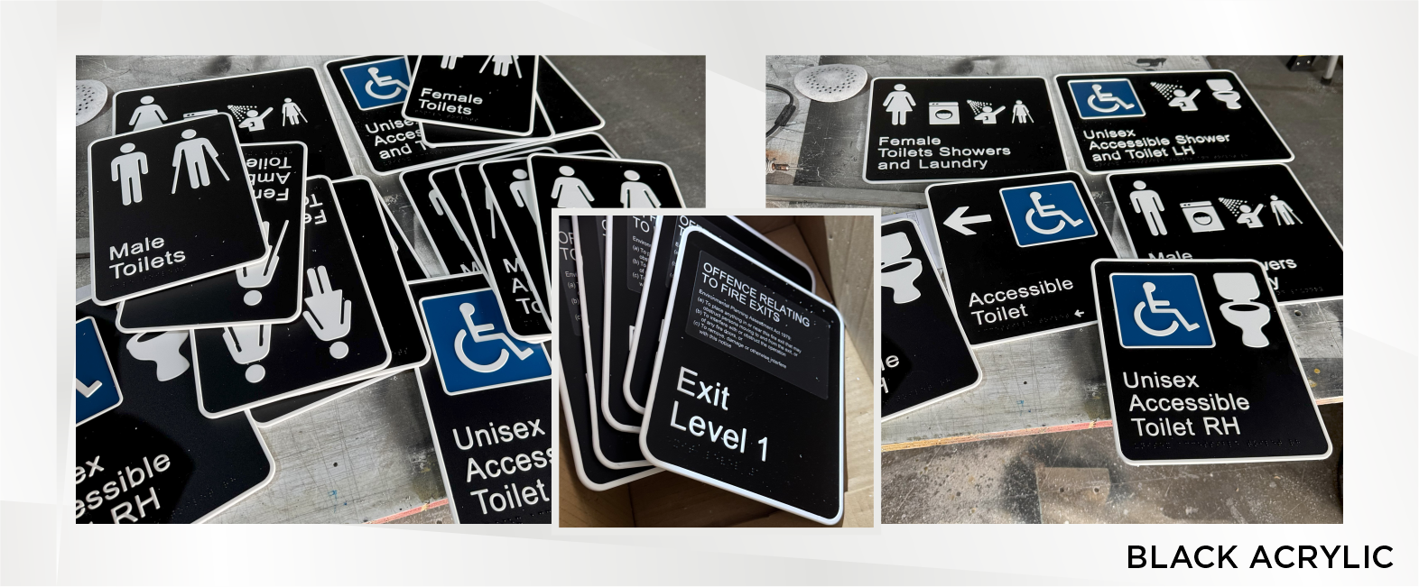 Collection of black acrylic labels with white and blue symbols and text indicating various restroom facilities, including male and female toilets, unisex accessible toilets, shower and laundry facilities, accessible toilets for right and left-hand sides, and an exit sign labeled 'Exit Level 1.'