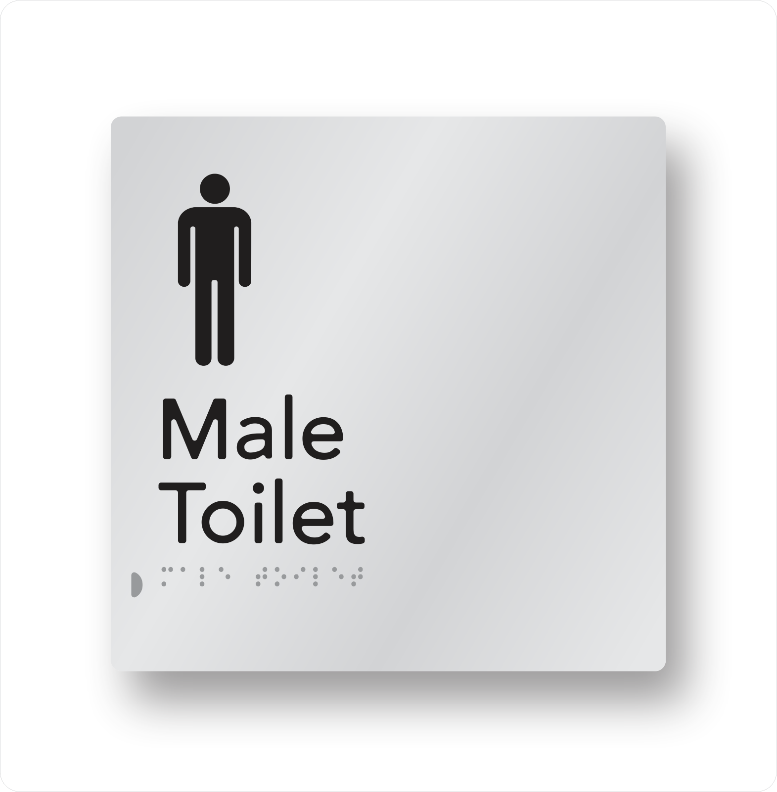 Sign indicating male toilet with symbol of a male figure and braille beneath.