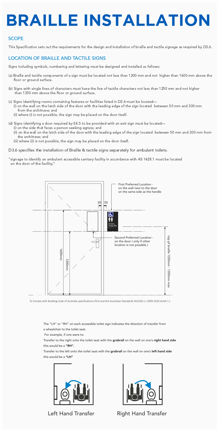 Diagram and instructions for installing Braille and tactile signs for accessible toilet facilities, including preferred sign placement and transfer direction indicators.