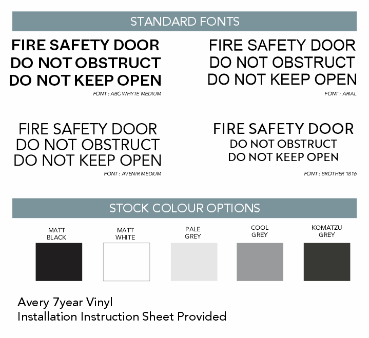 Guide showing different font options for fire safety door signs and available vinyl color options.