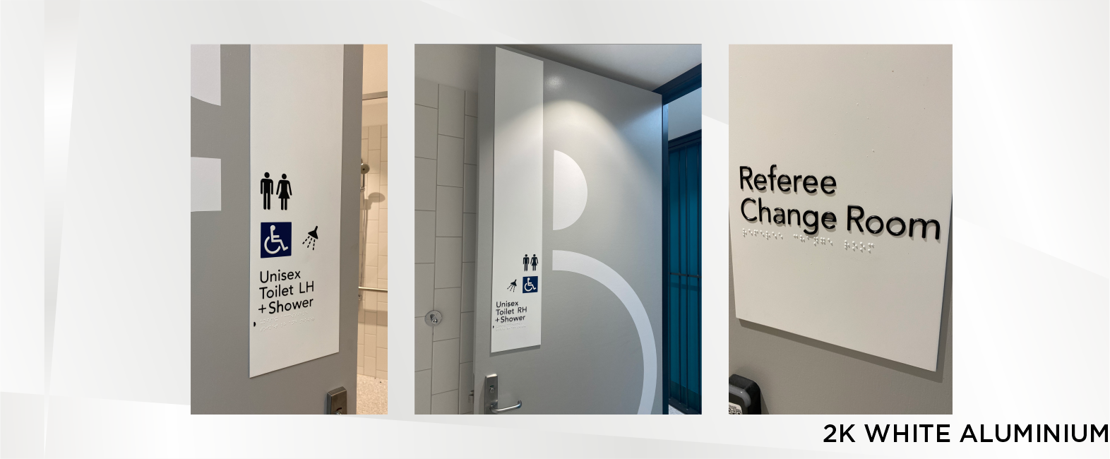 Sign indicating unisex accessible toilets with shower in a bathroom area, and a sign on the wall for a referee change room, all made of white aluminum.