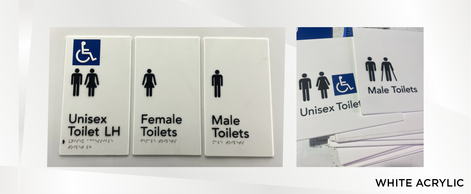 Set of bathroom signs indicating unisex, female, and male toilets with wheelchair accessibility, some signs layered on top of each other on a white acrylic surface.