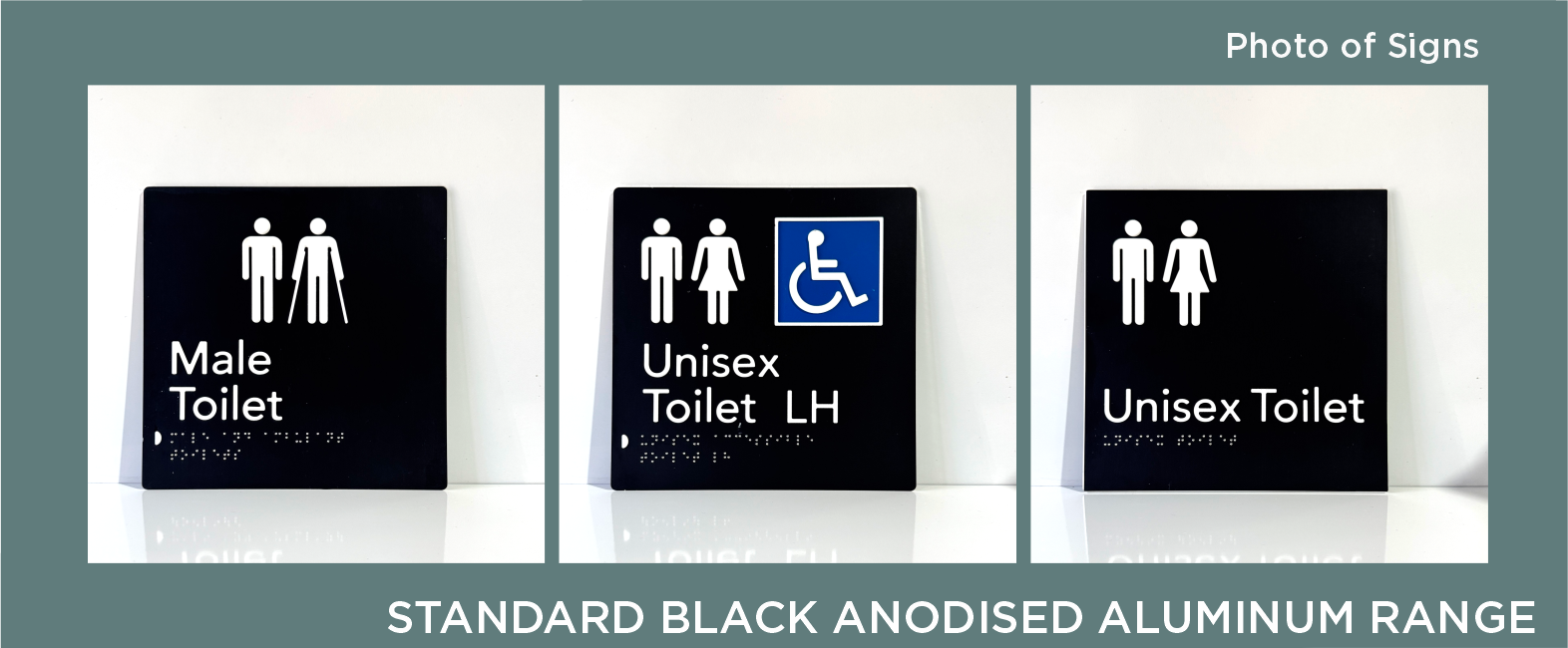 Three black signs with white text and symbols indicating different bathroom options. The first sign shows symbols for male and female, labeled 'Male Toilet.' The second sign shows symbols for male, female, and a wheelchair, labeled 'Unisex Toilet LH.' The third sign shows symbols for male and female, labeled 'Unisex Toilet.'