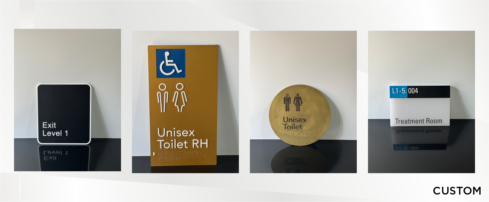 Collection of four signs indicating directions and locations of toilets in a facility, including an exit sign, unisex toilet signs, and a treatment room sign.