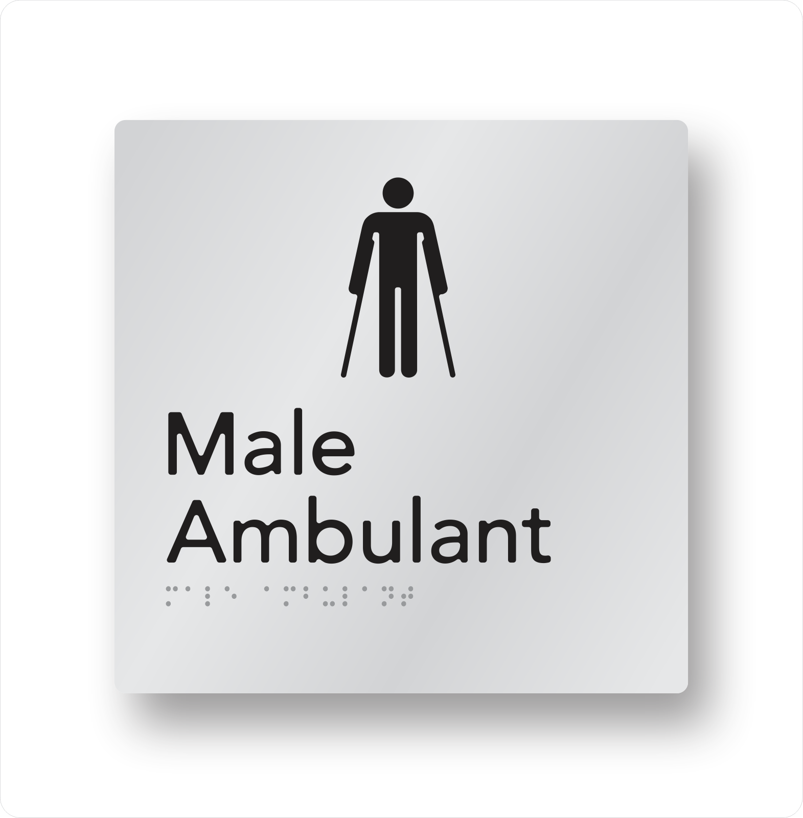 Sign indicating a male ambulant with an icon of a person with crutches and Braille text.