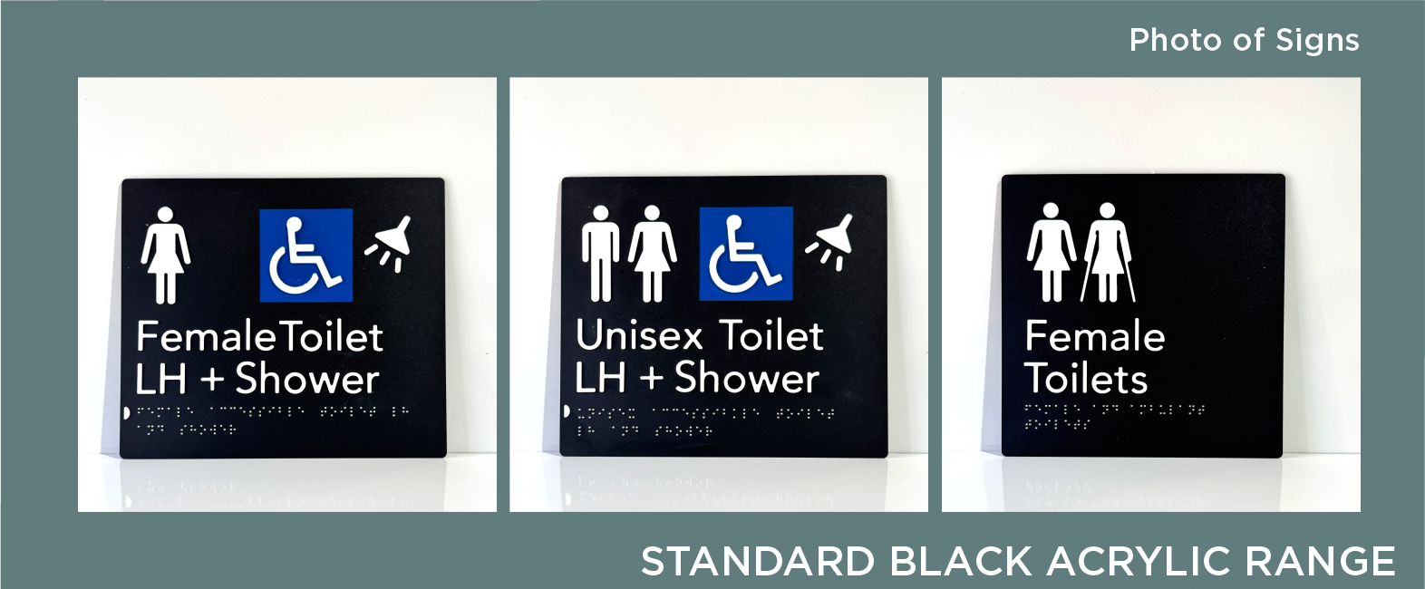 Three black acrylic signs indicating different toilet directions: female toilet with shower accessible to women, unisex toilet with shower, and female toilets, all with symbols and text.