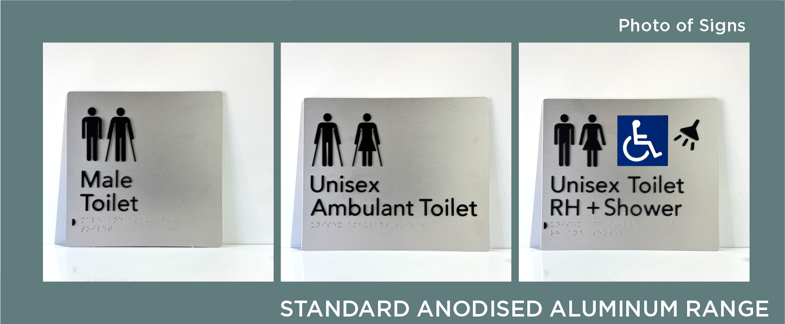 Photographs of three restroom signs: a male toilet sign, a unisex ambulant toilet sign, and a unisex toilet with shower sign for handicapped accessible facility.