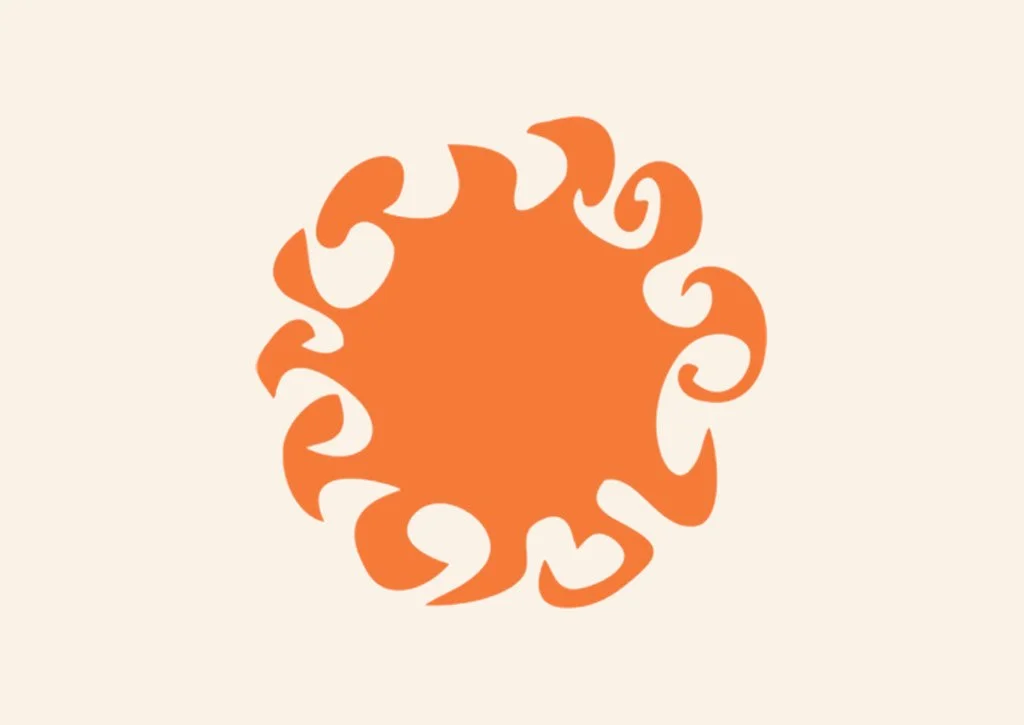 An abstract orange swirl design on a beige background.