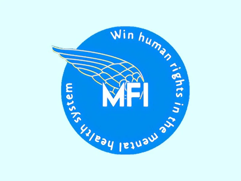 A blue circular logo with a stylized wing and the letters 'MFI' in the center. Around the circle, it reads 'Win human rights in the mercantah system'.