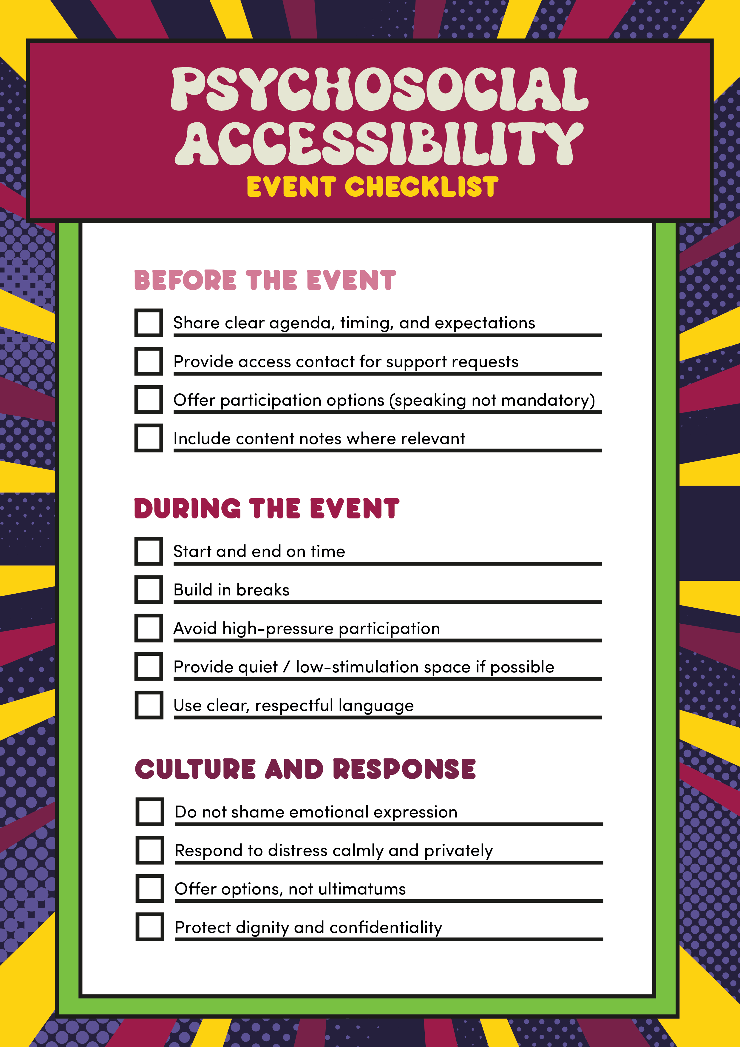 Psychosocial Accessibility Event Checklist Poster