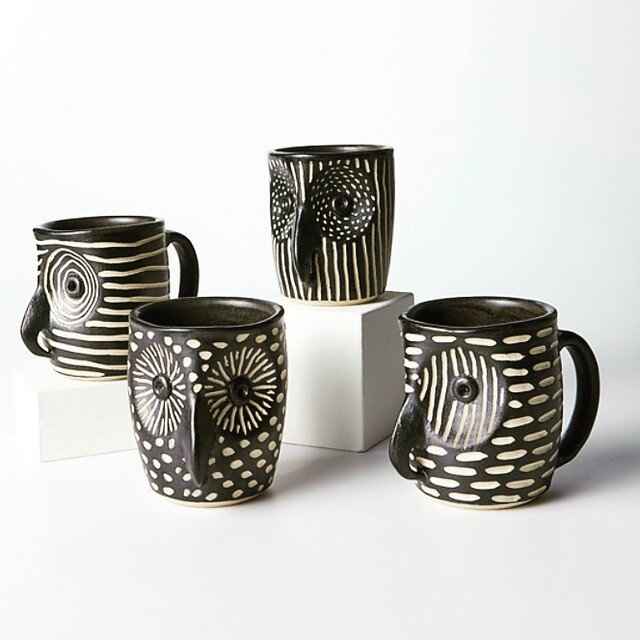 &quot;Hoot&quot; would want to enjoy their coffee or tea in these little beauties? Sgraffito carved clay owl mugs from Larry Halvorsen. See our entire collection at the Gallery!

#Clay #ceramic #owl #sgraffito #sgraffitopottery #pottery #blackandwhit