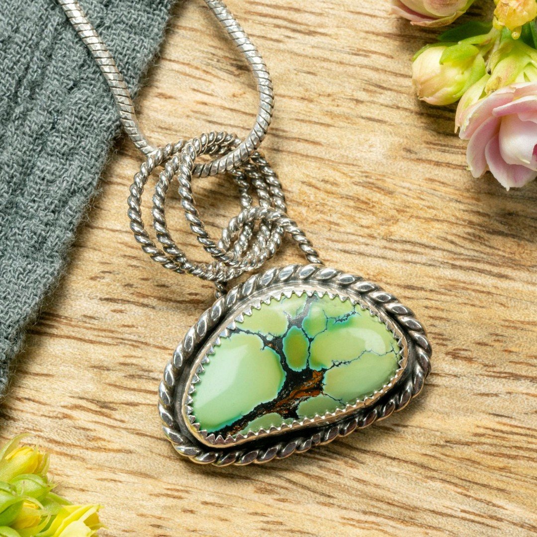 Explore the serene beauty of Bamboo Mountain Turquoise. Nature's artistry captured in stone. Pendant handcrafted by Studio Fond Of. 
Side Street Gallery Spring Hours: Open Tuesday-Sunday 10am-5pm

#bamboomountainturquoise #sterlingsilver #sterlingsil